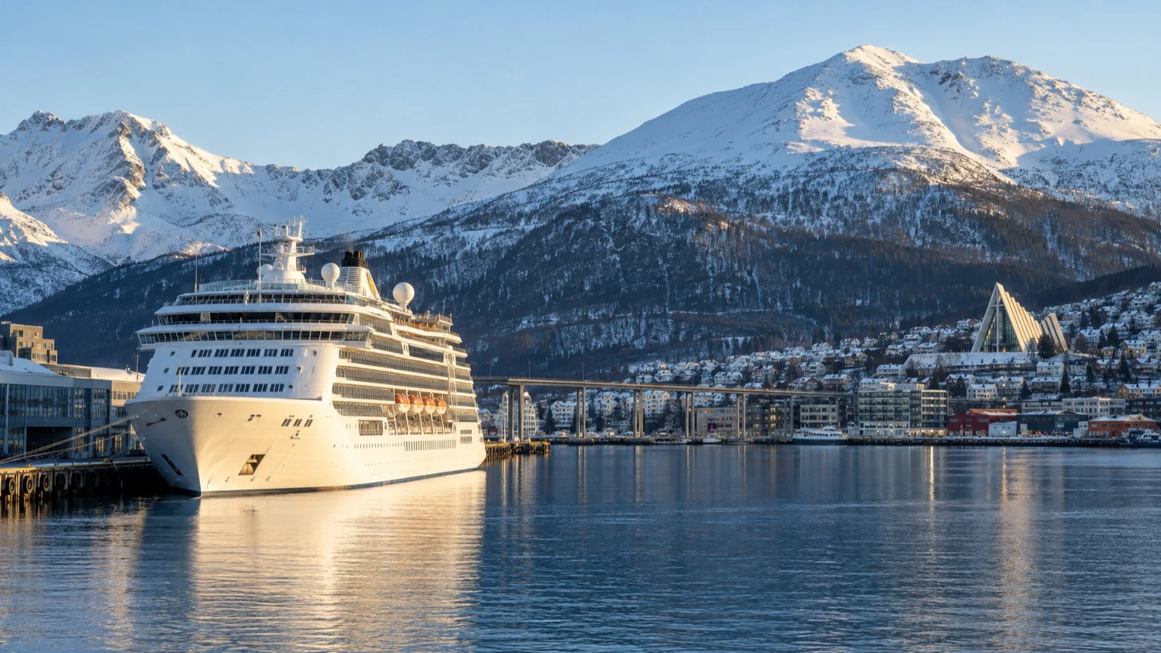 A cruise ship at a Tromsø quay beneath snowy Arctic mountains