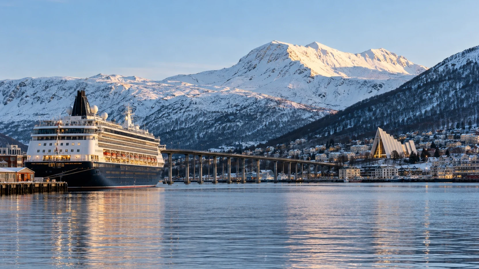 A cruise ship in Tromsø harbor with the Arctic Cathedral across the water