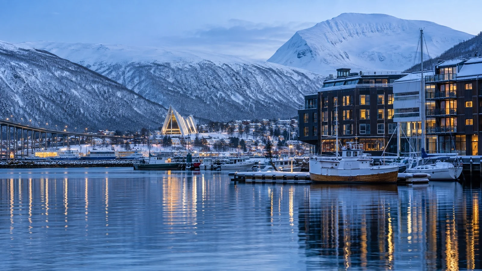 Tromsø downtown hotel waterfront in winter