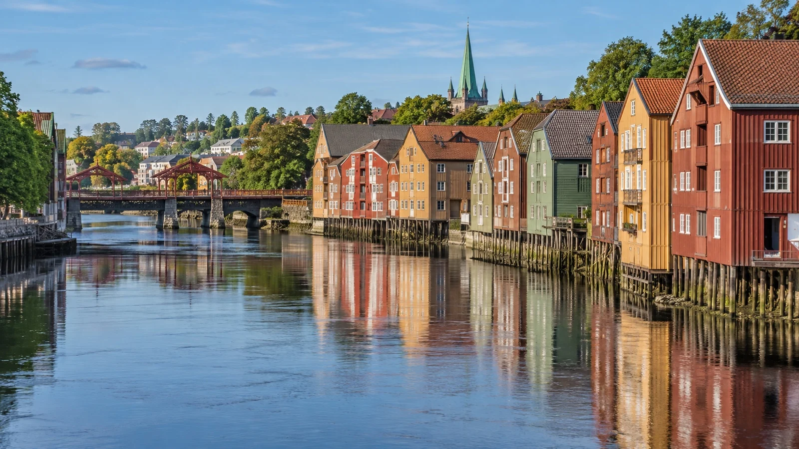 Colorful Bakklandet timber houses beside the Nidelva River