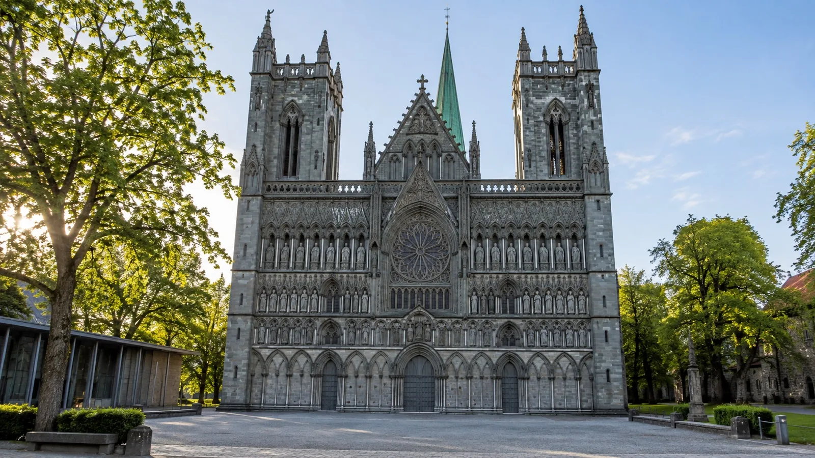 Gothic west facade of Nidaros Cathedral in Trondheim