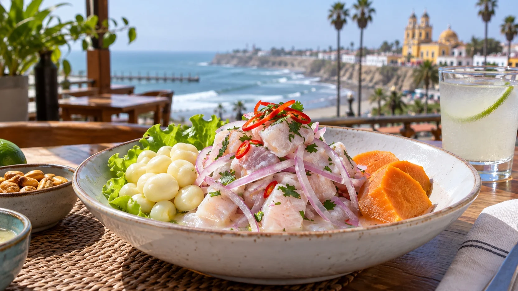 Peruvian ceviche with corn and sweet potato on a Trujillo restaurant table