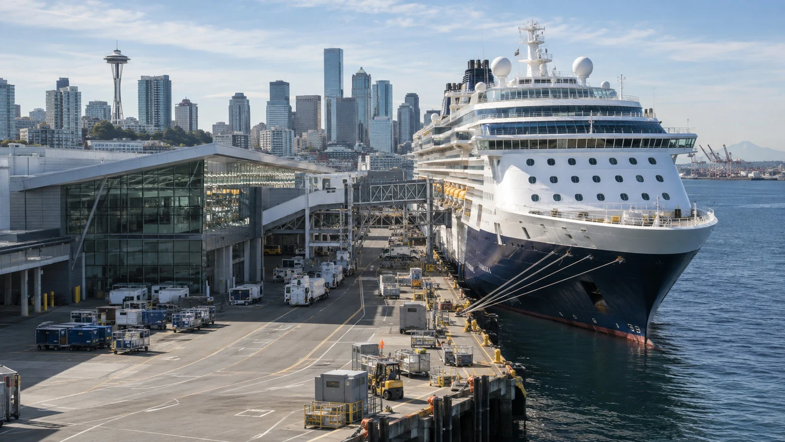Cruise ship at a Seattle terminal on a turnaround morning