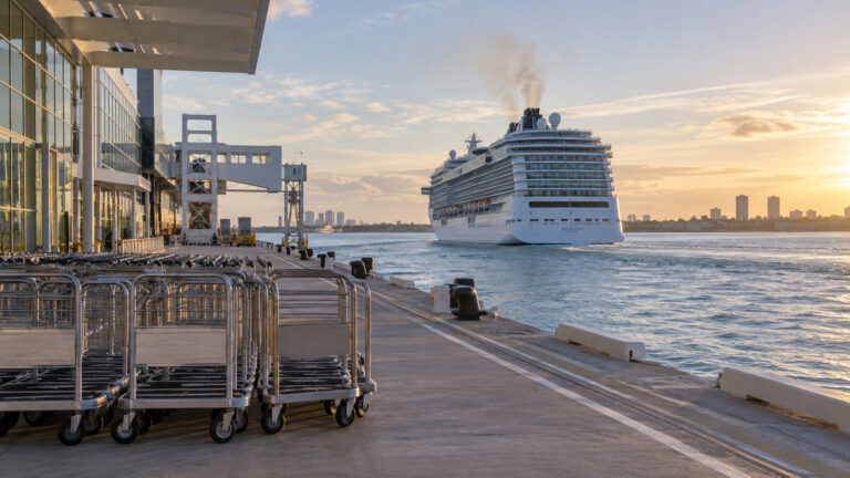 Cruise terminal with empty luggage carts beside a departing cruise ship