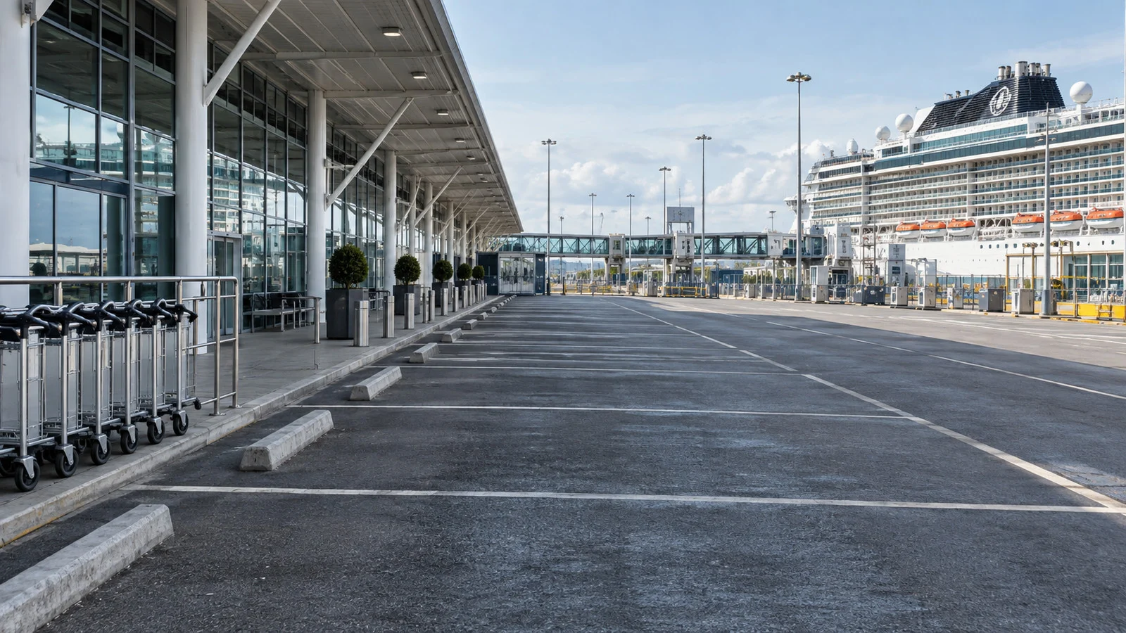 Empty coach bays and luggage carts outside Southampton cruise terminal