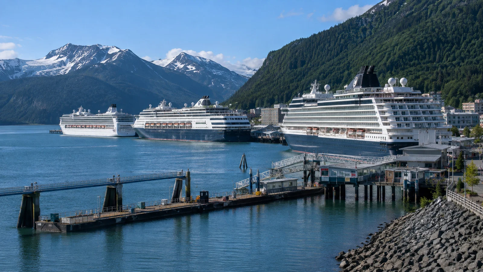 Several cruise ships docked along the Juneau Alaska waterfront