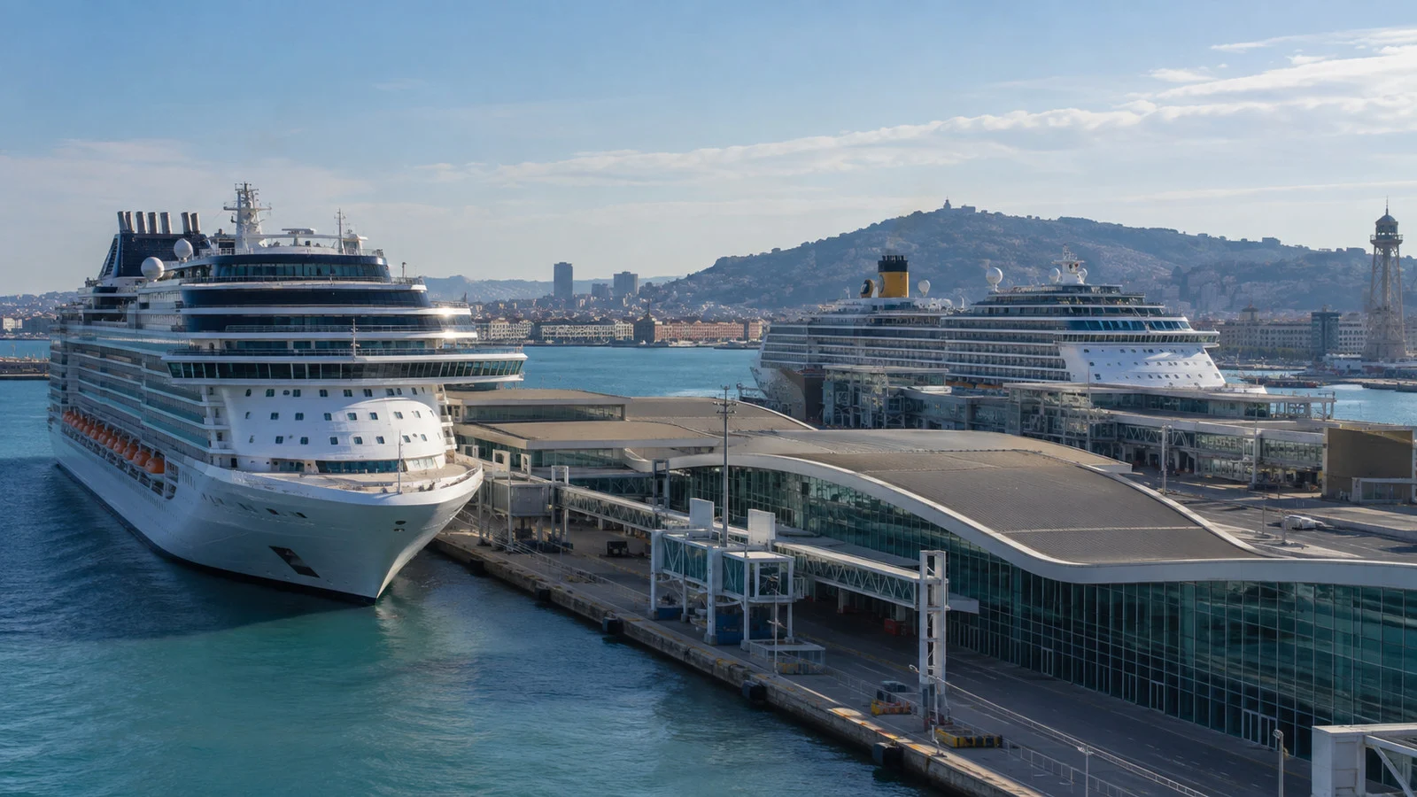 Two cruise ships at Barcelona port terminals on the same day