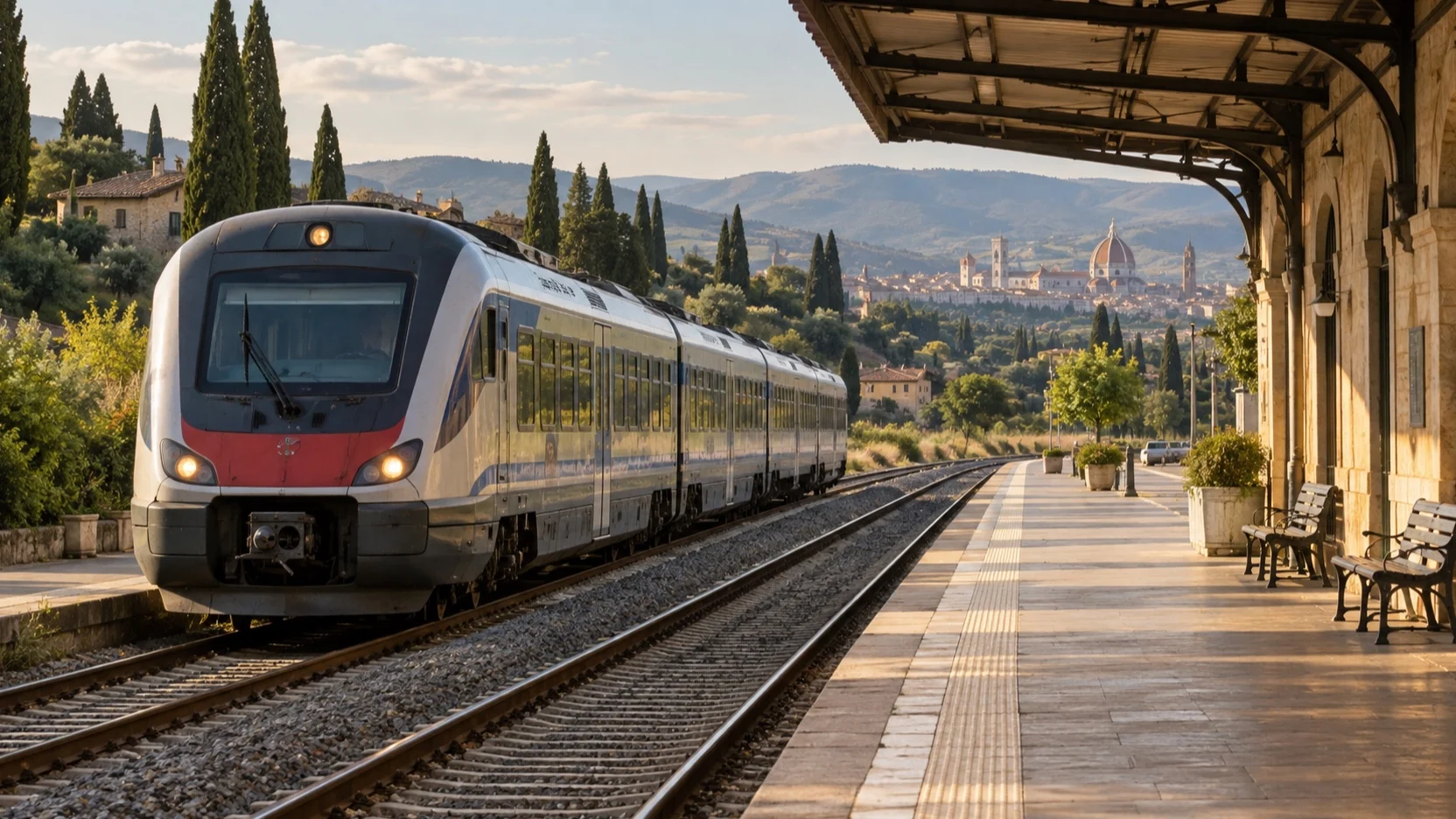Regional train at an empty Tuscan platform with Florence beyond