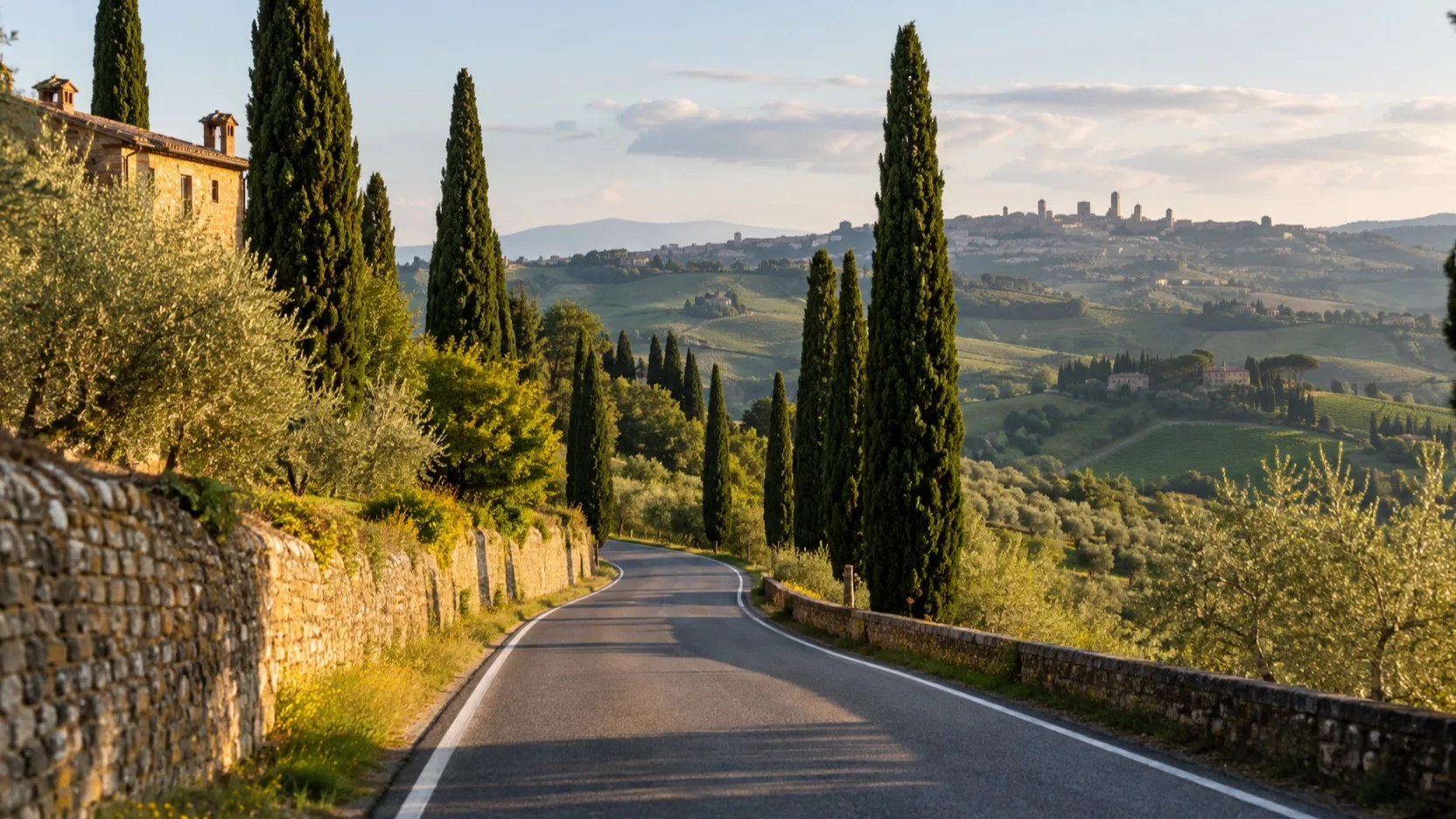 Cypress-lined Tuscan road between Florence and Pisa