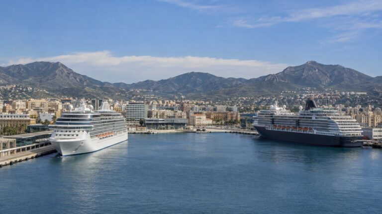Two cruise ships at different berths in one port, single continuous panoramic view