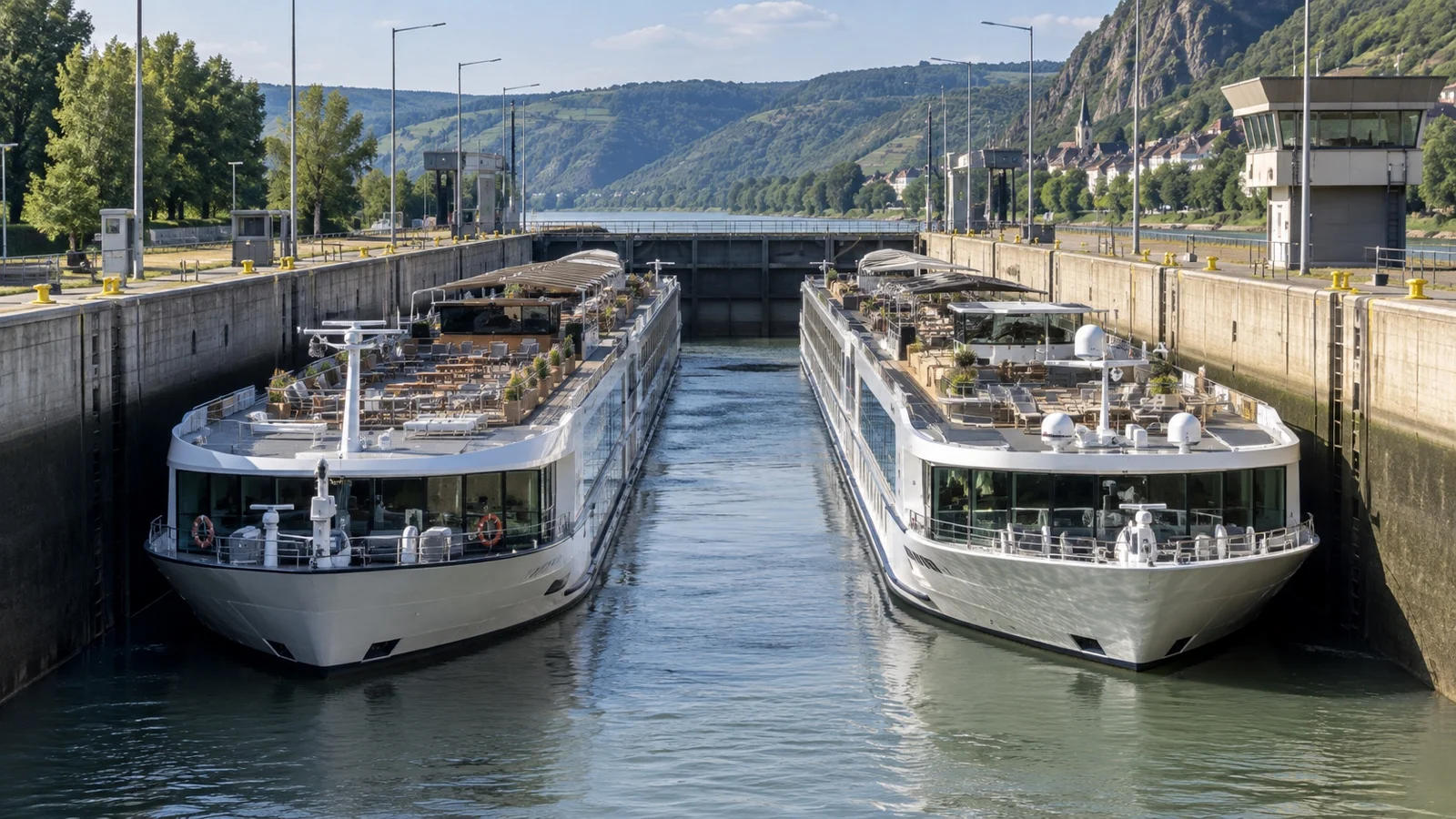 Two river cruise ships sharing a lock chamber