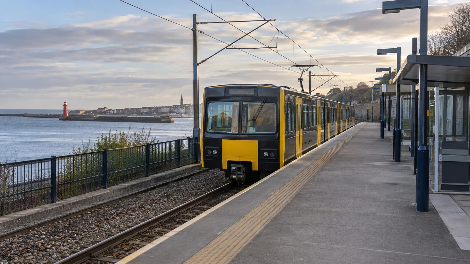 Tyne and Wear Metro train at an empty outdoor station