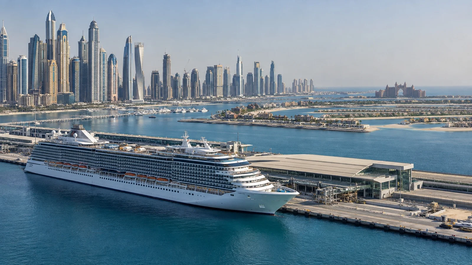 Cruise ship at Dubai Harbour by Marina skyline