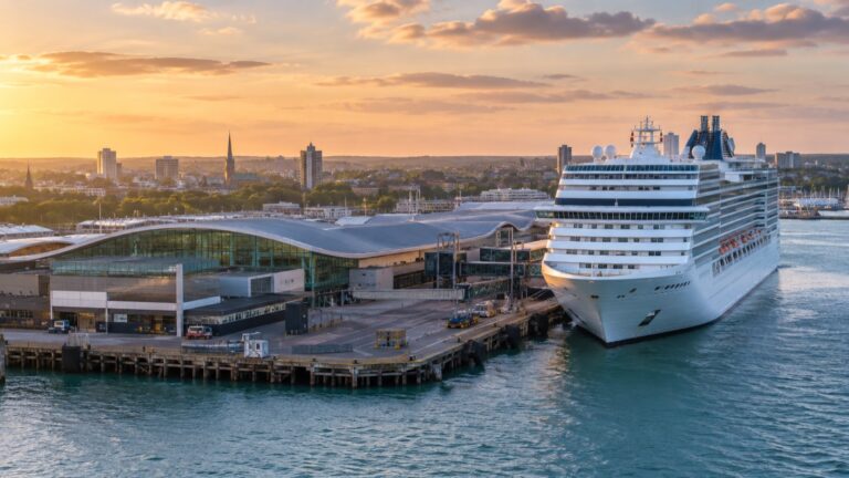A cruise ship at a Southampton cruise terminal in England