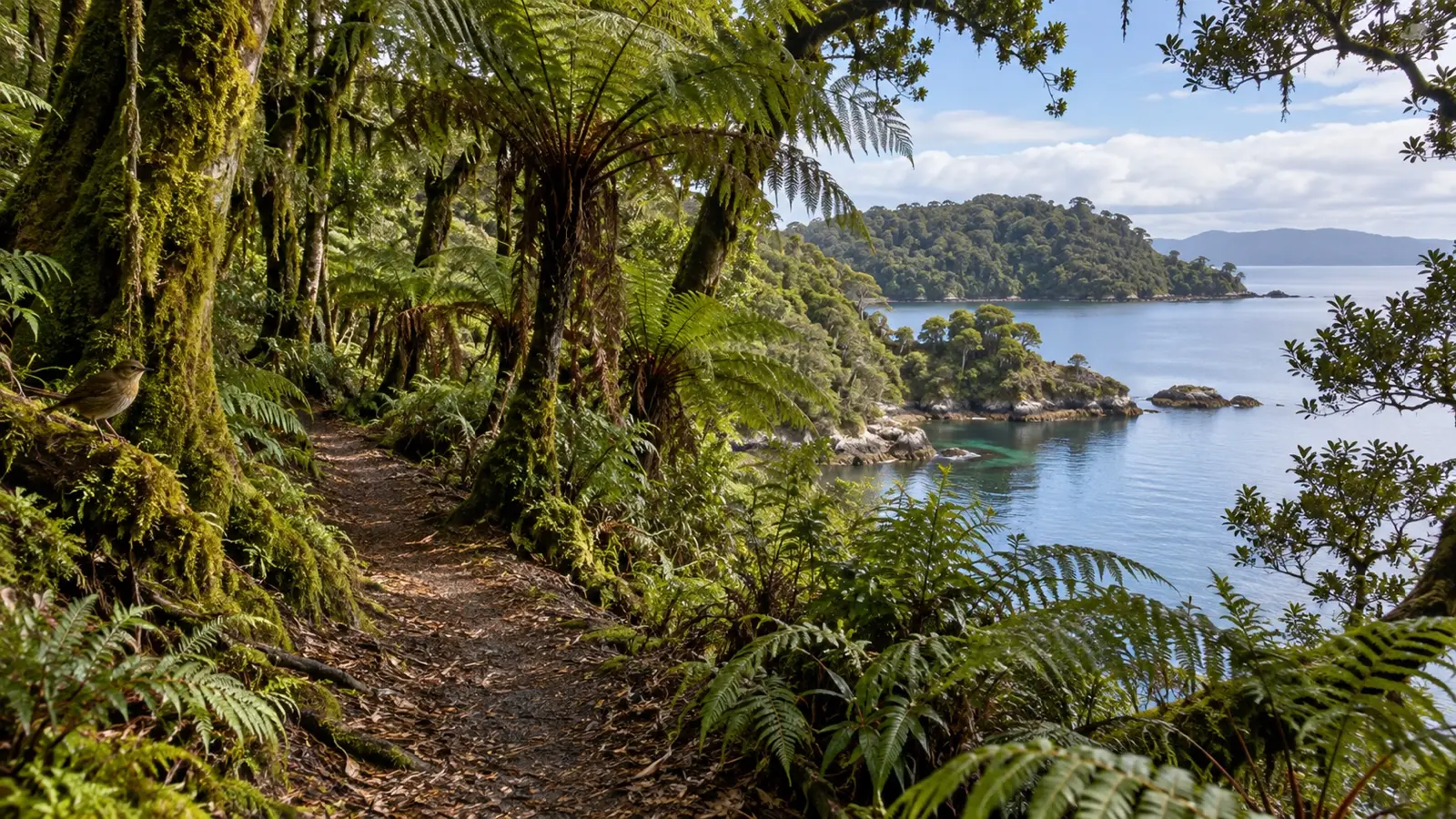 Tree ferns and mossy forest trail on Ulva Island