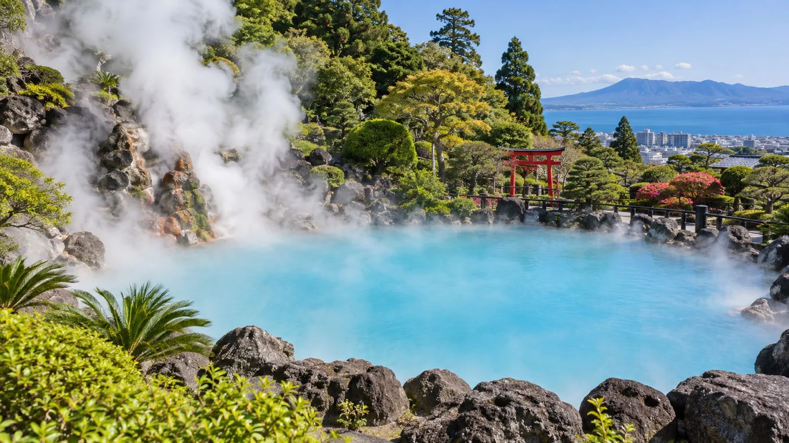 Blue Umi Jigoku hot spring pond with steam in Beppu
