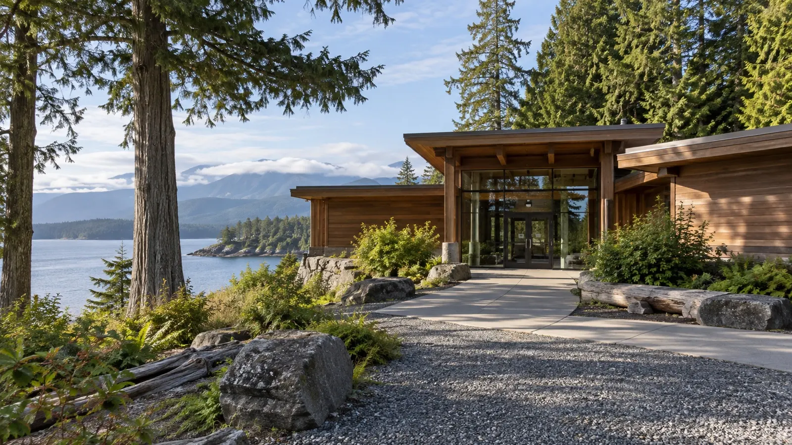 Cedar-clad cultural centre setting among coastal trees in Alert Bay