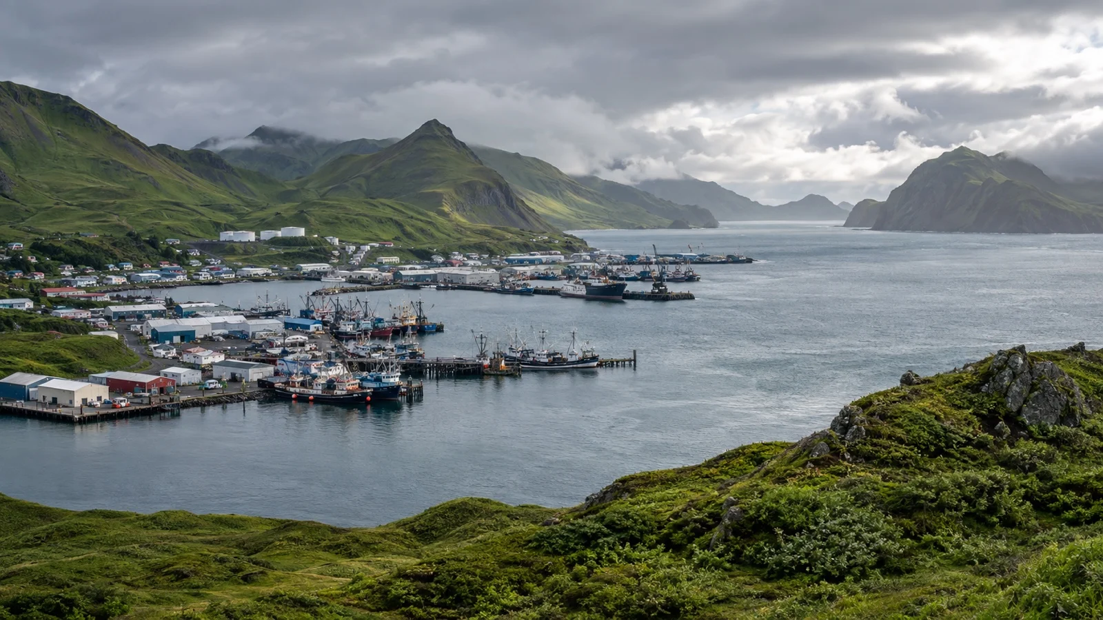 Unalaska town and harbor beneath treeless green Aleutian hills