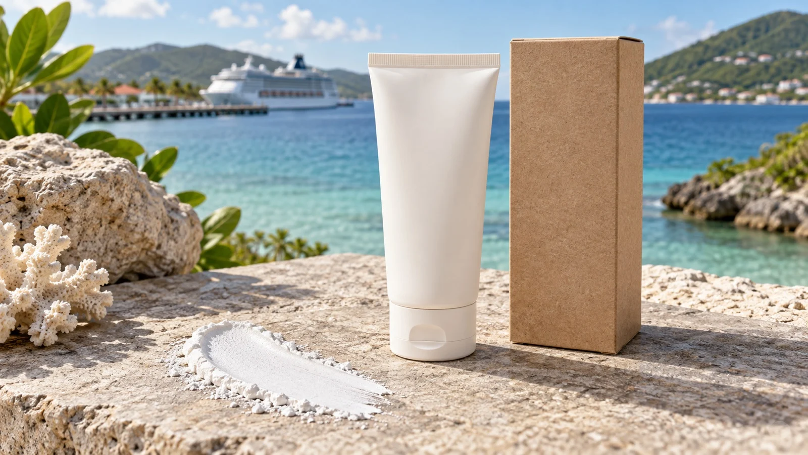 Plain mineral sunscreen tube and box beside a white zinc oxide smear
