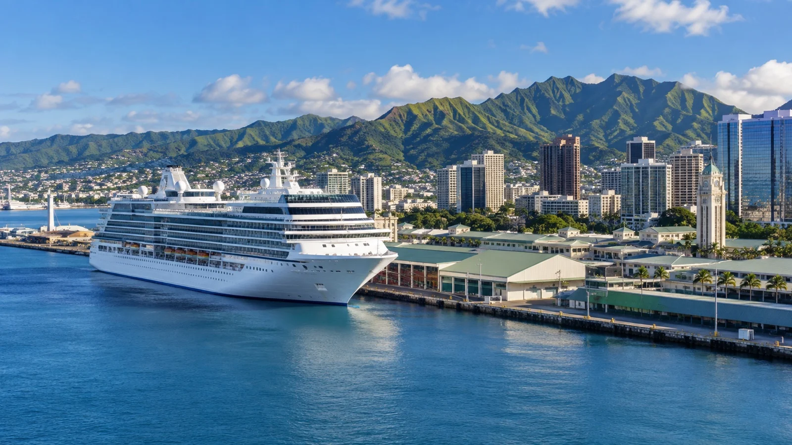 Cruise ship in Honolulu Harbor with Oahu's tropical coast and mountains beyond