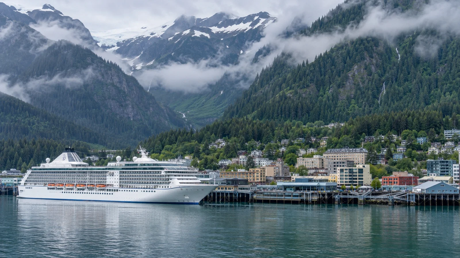 Cruise ship beside Juneau's waterfront with steep forested Alaska mountains behind