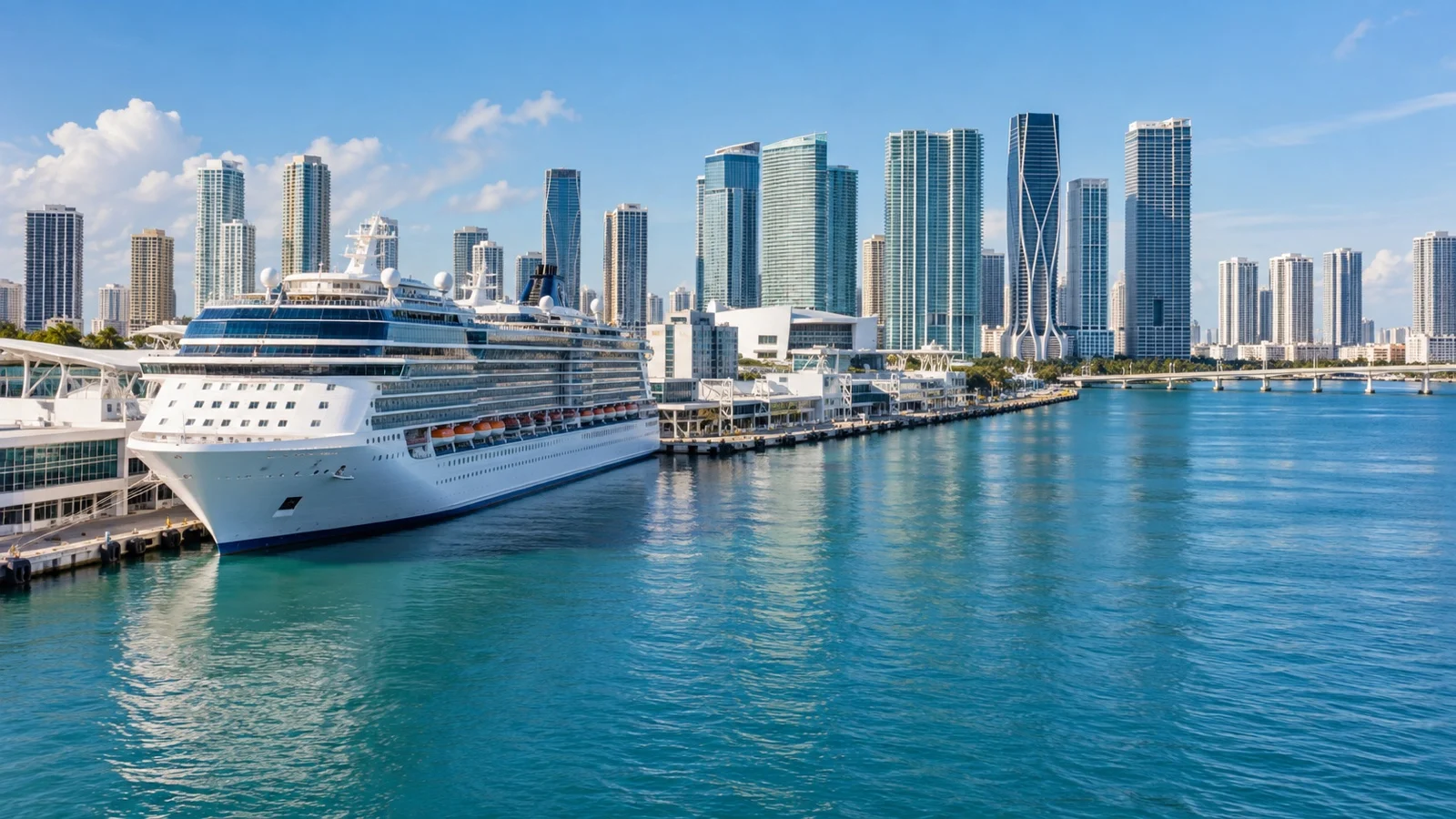 Cruise ship at PortMiami with the downtown skyline and Biscayne Bay in Florida