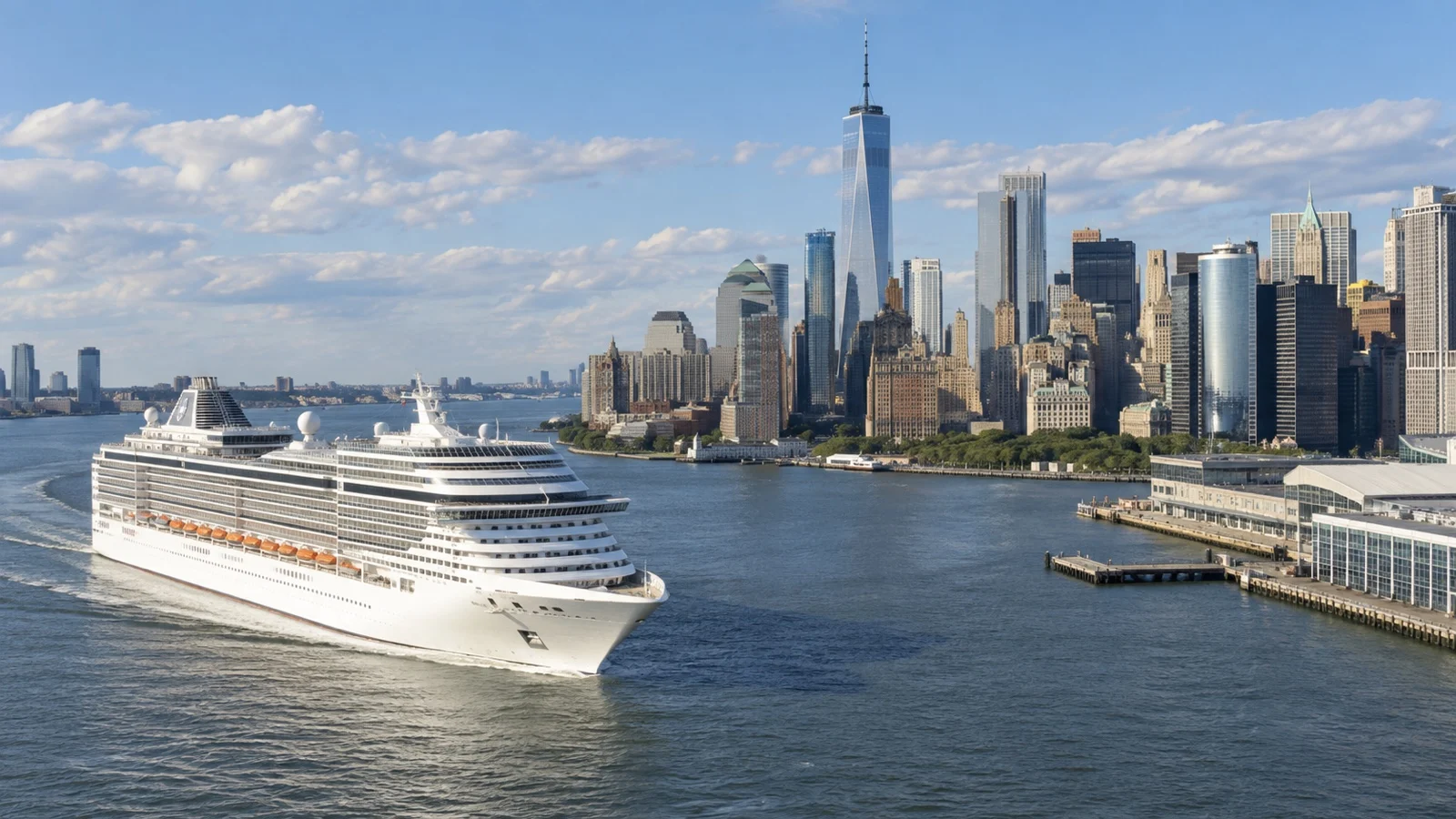 Cruise ship in New York Harbor with the Manhattan skyline in the background