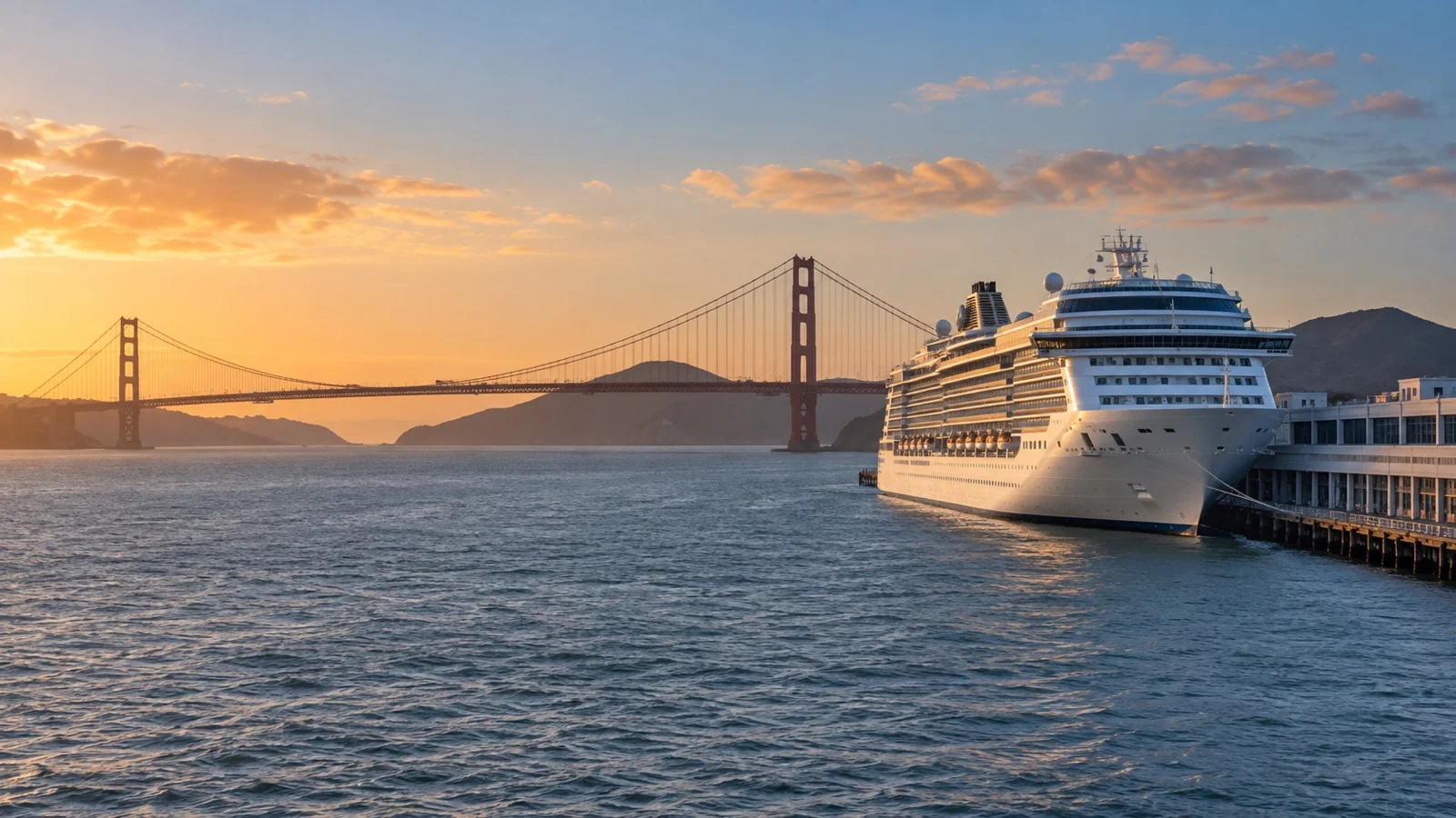 Cruise ship at San Francisco waterfront near the Golden Gate Bridge in California