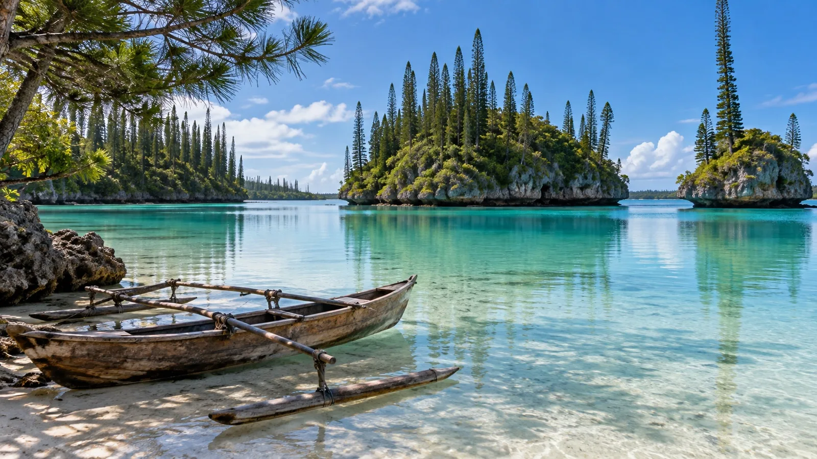 Traditional outrigger pirogue beside Upi Bay on the Isle of Pines