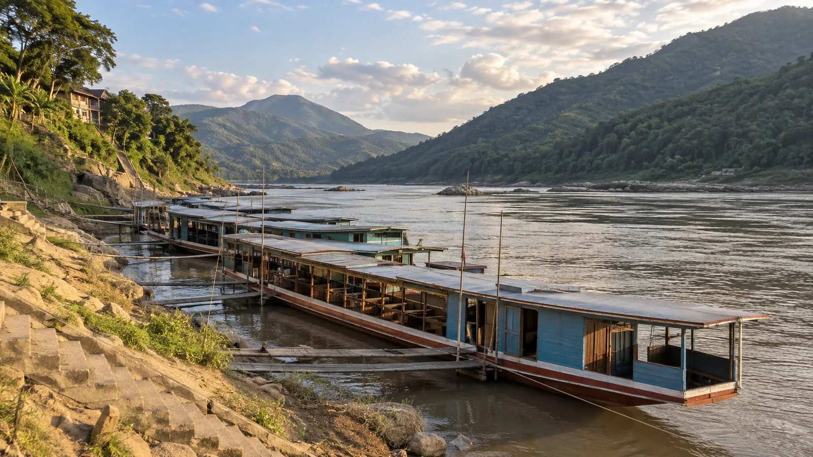 Pak Beng slow boats at the Mekong landing