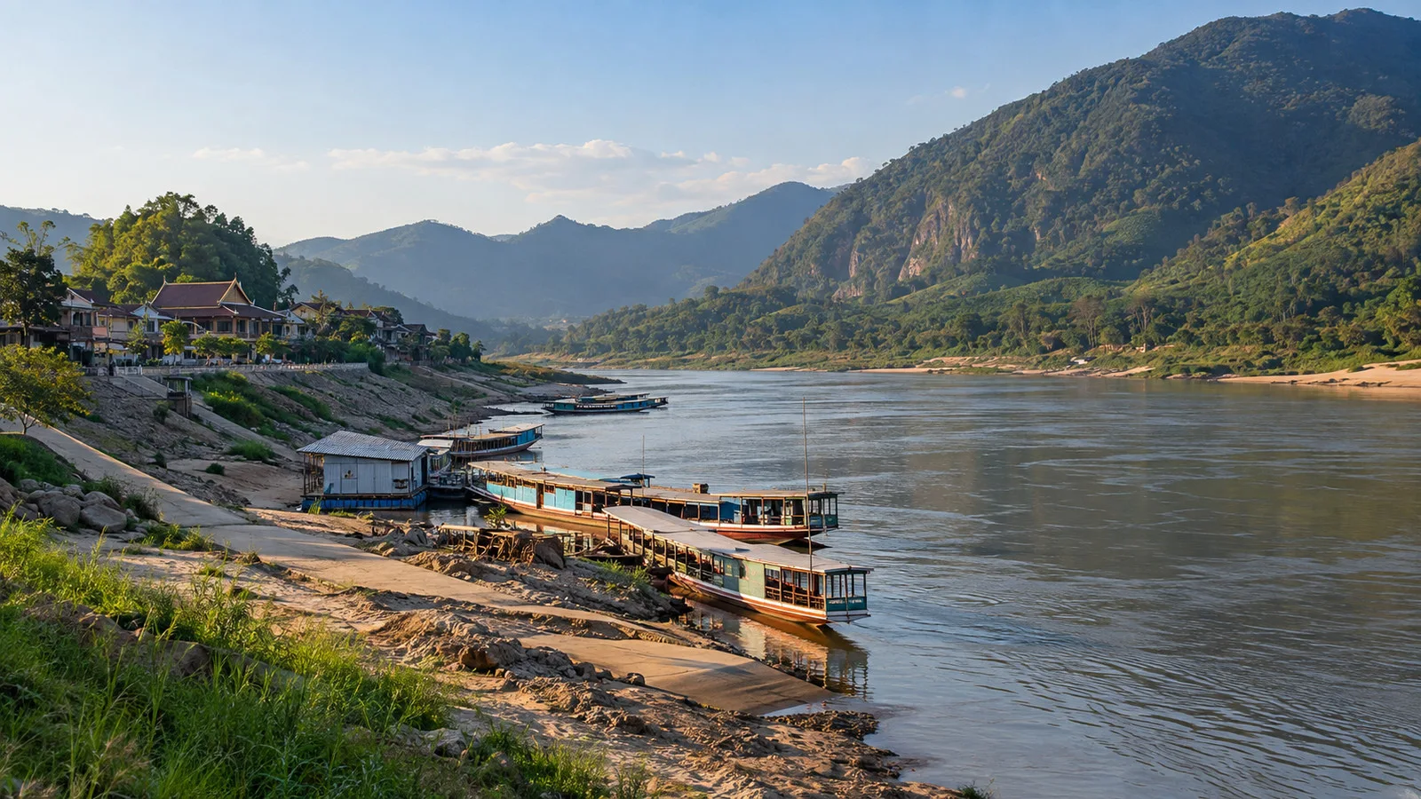 Pak Lay river landing and Mekong hills