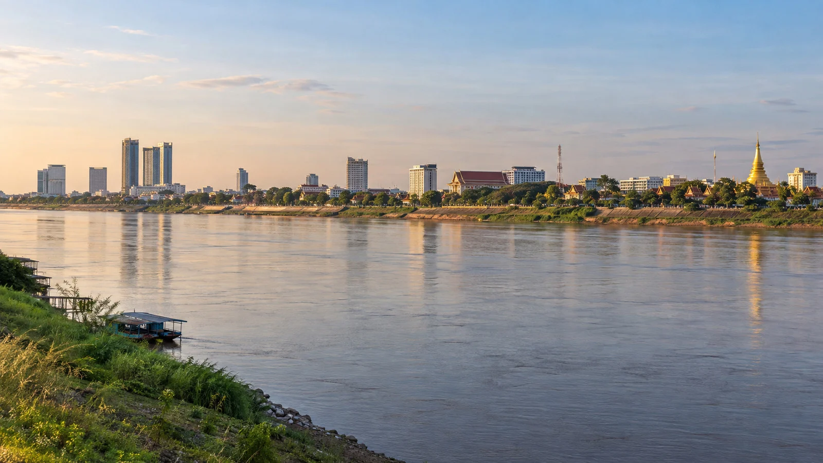 Vientiane Mekong riverfront and skyline