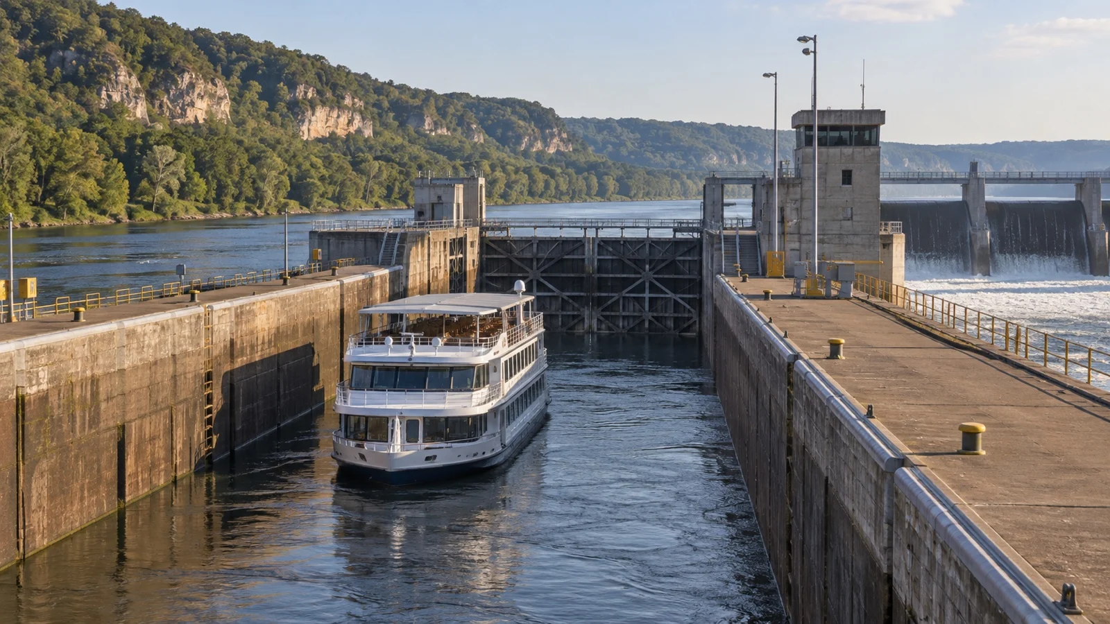 Riverboat transiting an upper Mississippi lock