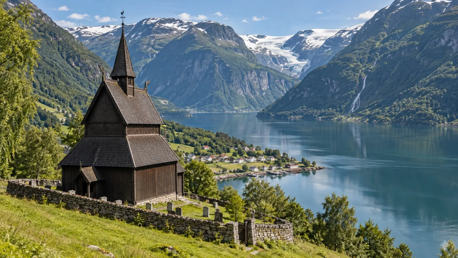 Medieval timber Urnes Stave Church above Lustrafjord