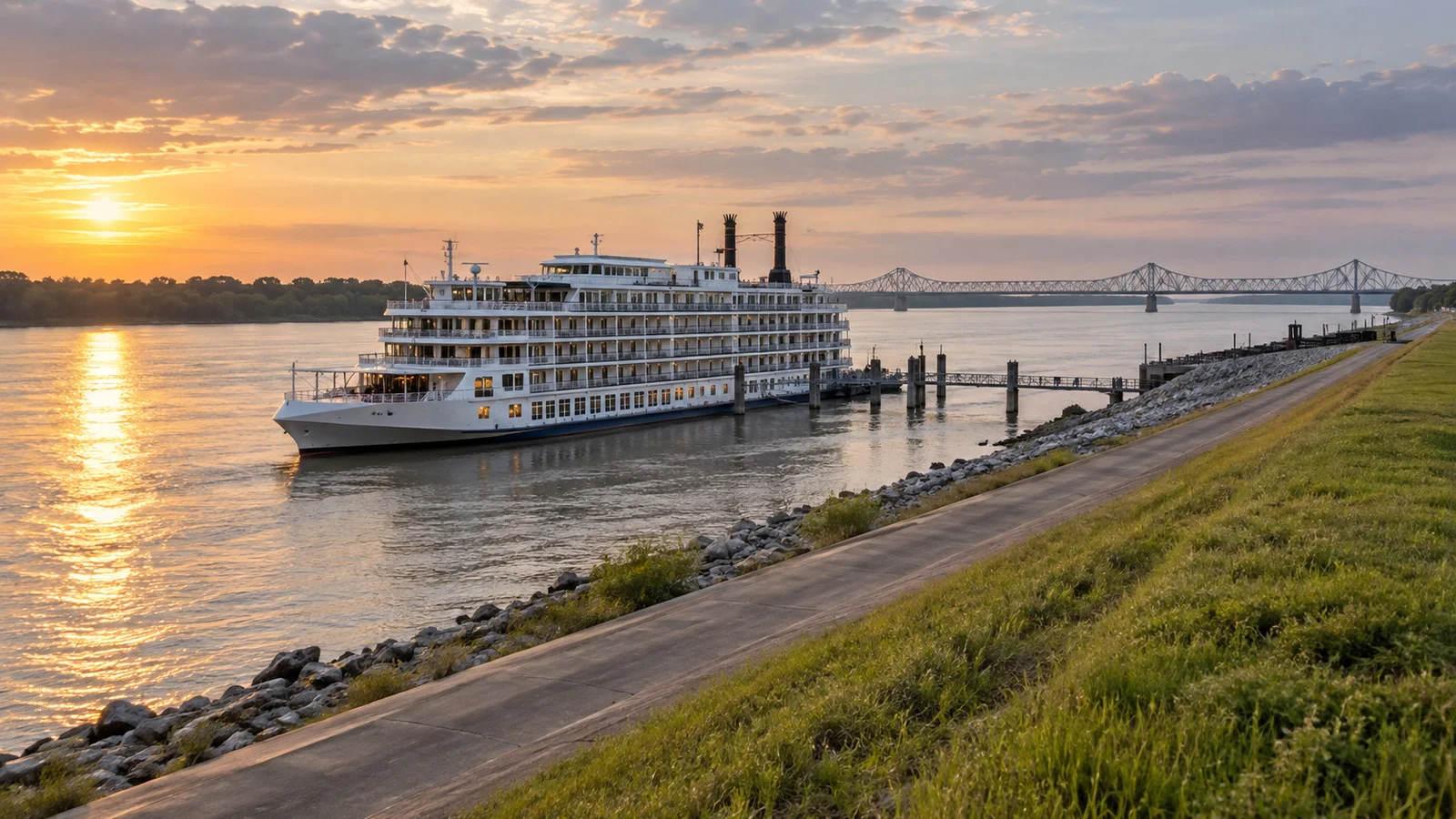 American river cruise ship beside a broad Mississippi levee