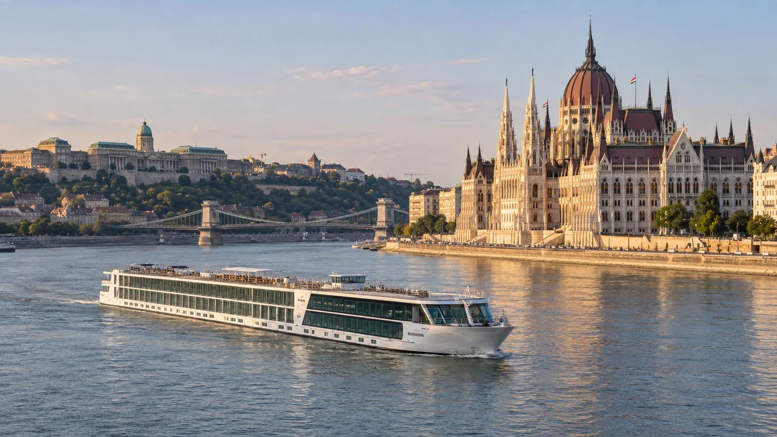 Danube river cruise ship passing the Hungarian Parliament in Budapest