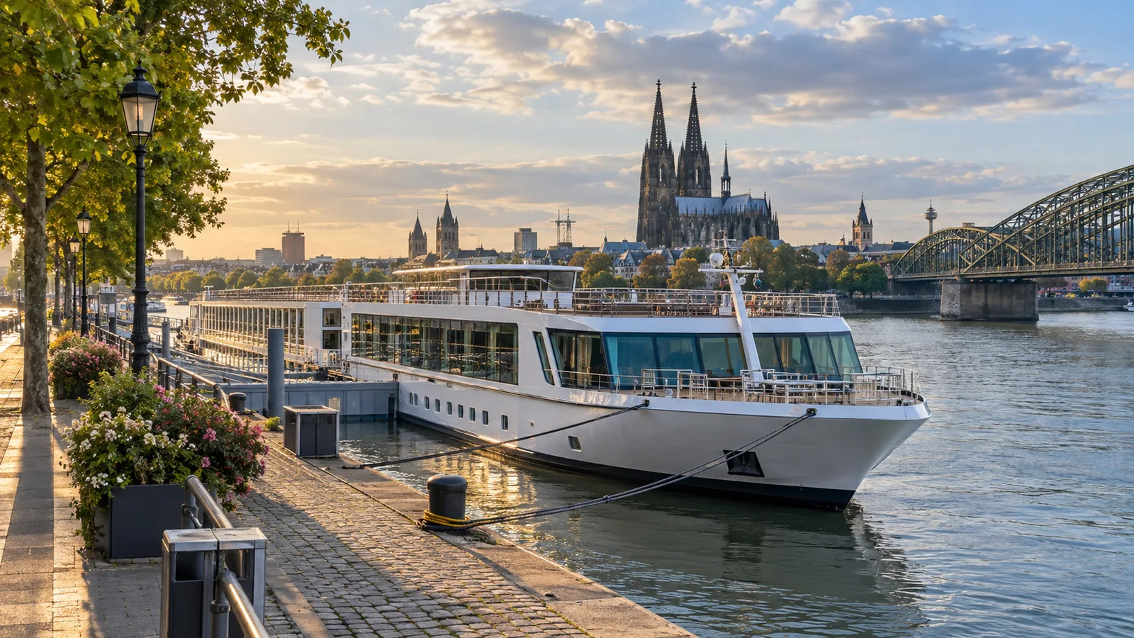 Rhine river cruise ship moored at a European city-center quay
