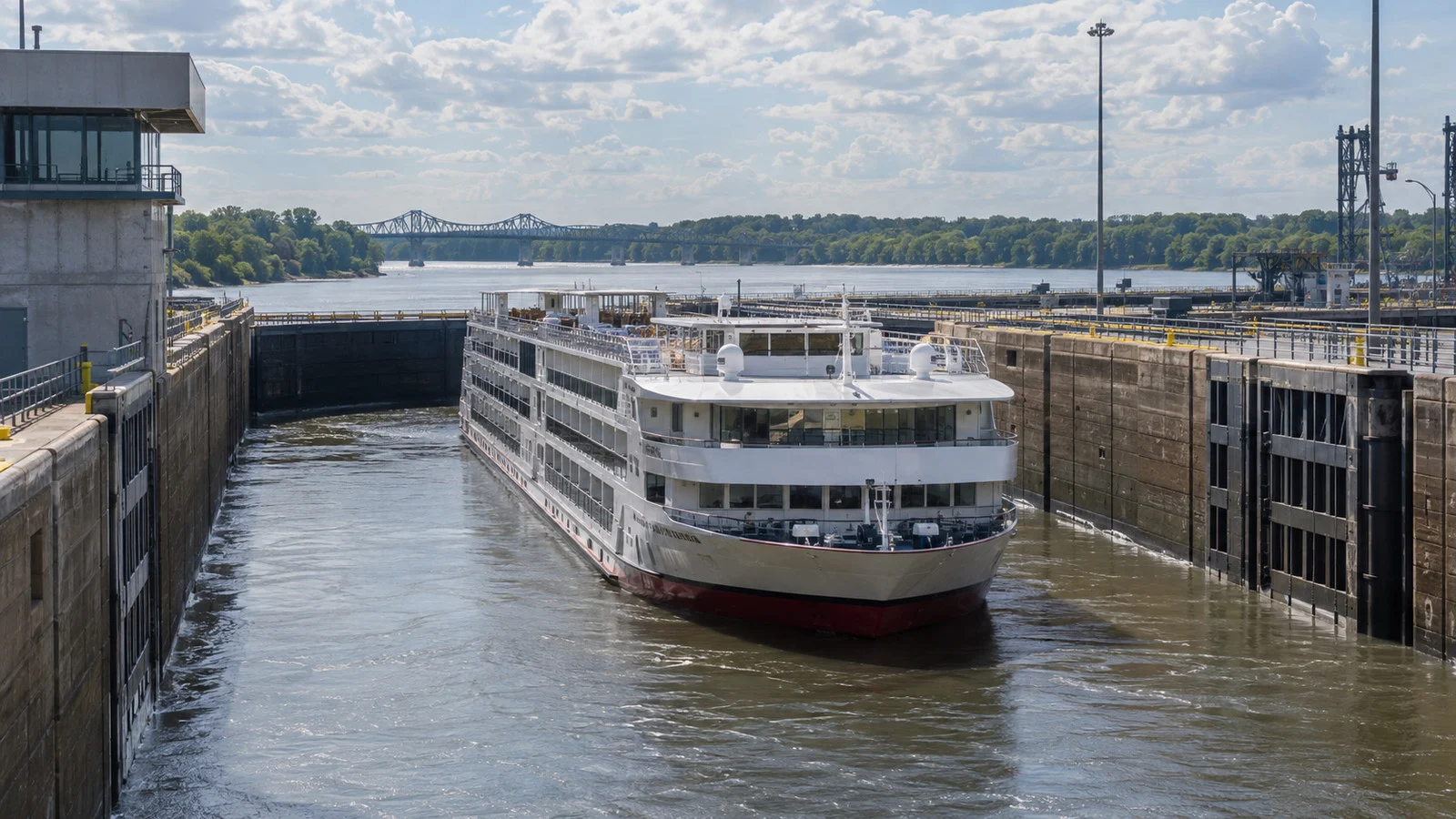 River cruise ship passing through a Mississippi River lock