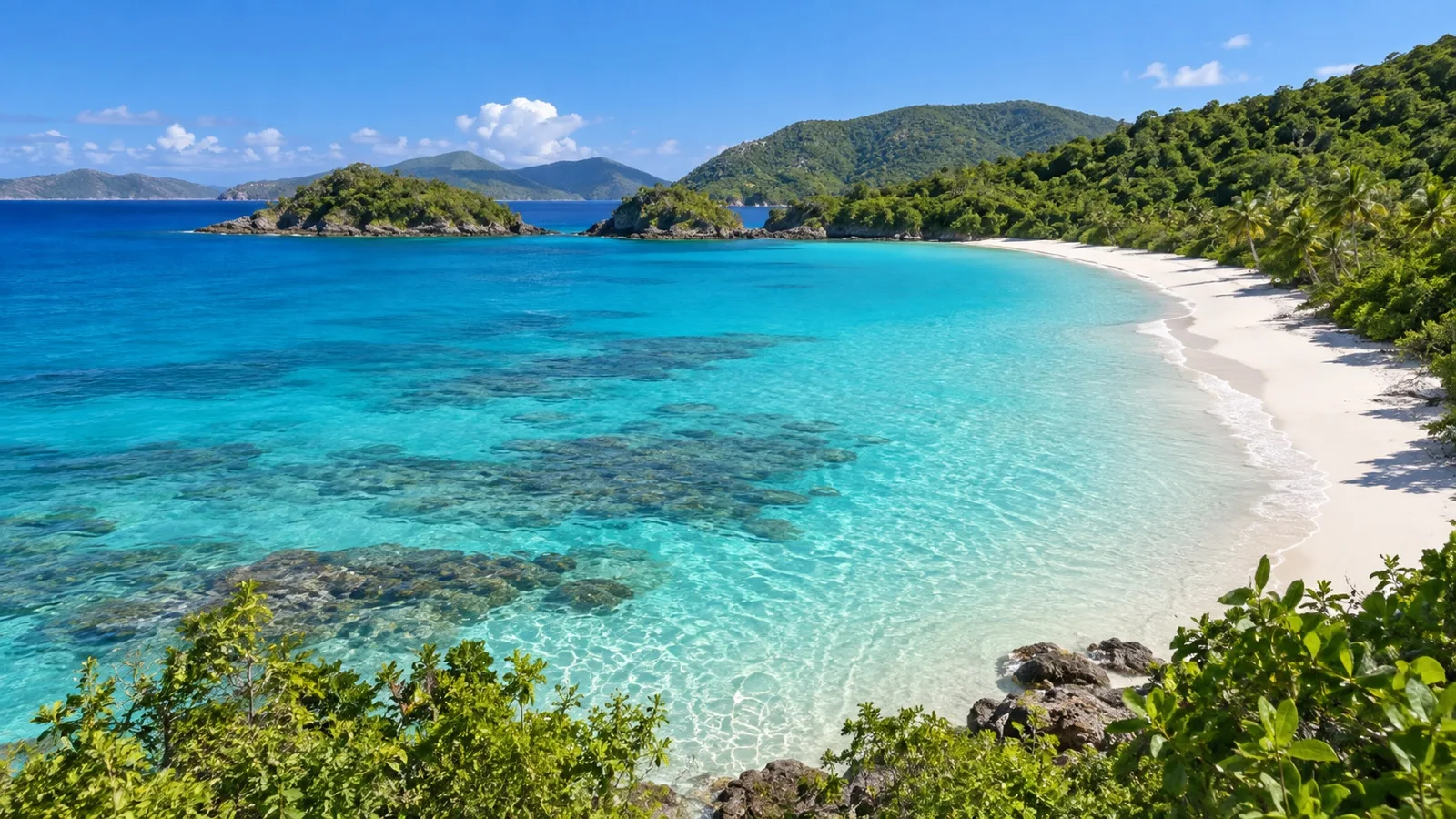 Clear reef shallows and white sand at Trunk Bay in the US Virgin Islands