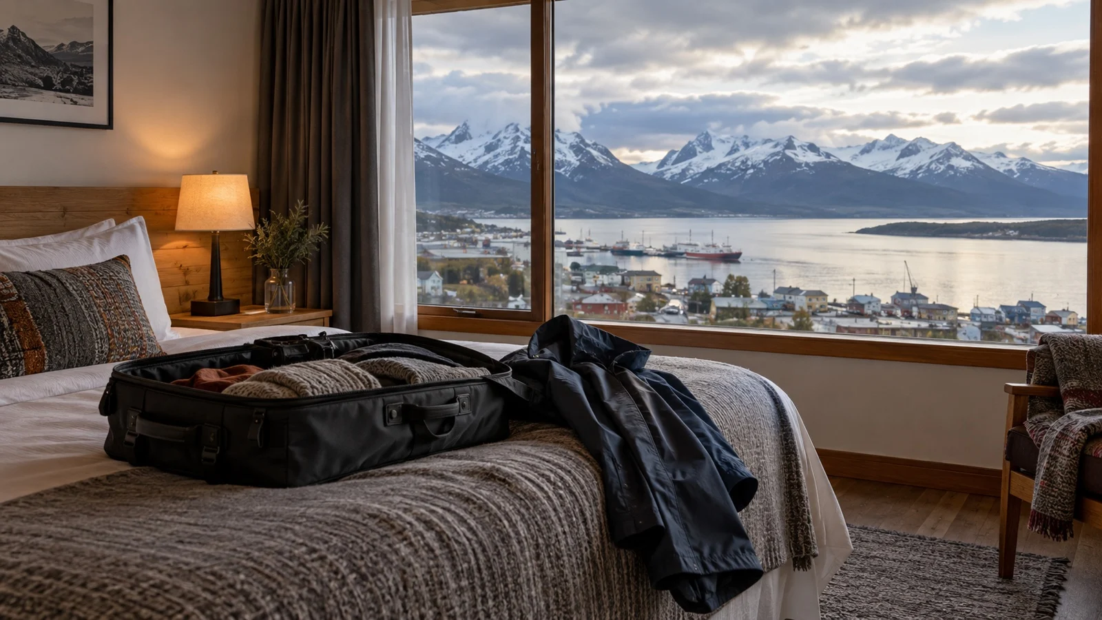 Cozy Ushuaia hotel room with packed suitcase and rain jacket near a window overlooking mountains and Beagle Channel