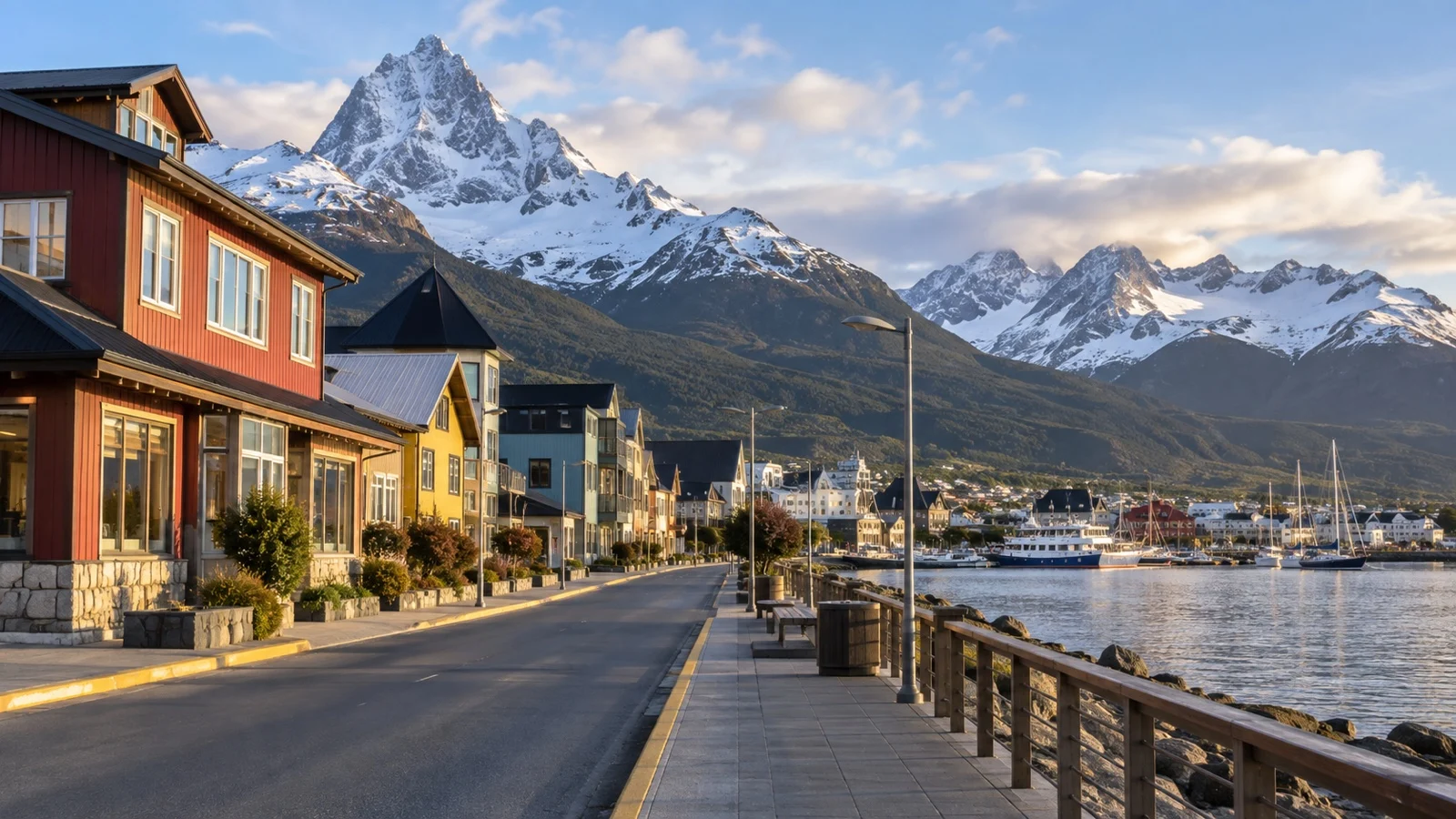 Central Ushuaia waterfront street with low hotels, colorful buildings and mountains rising beyond