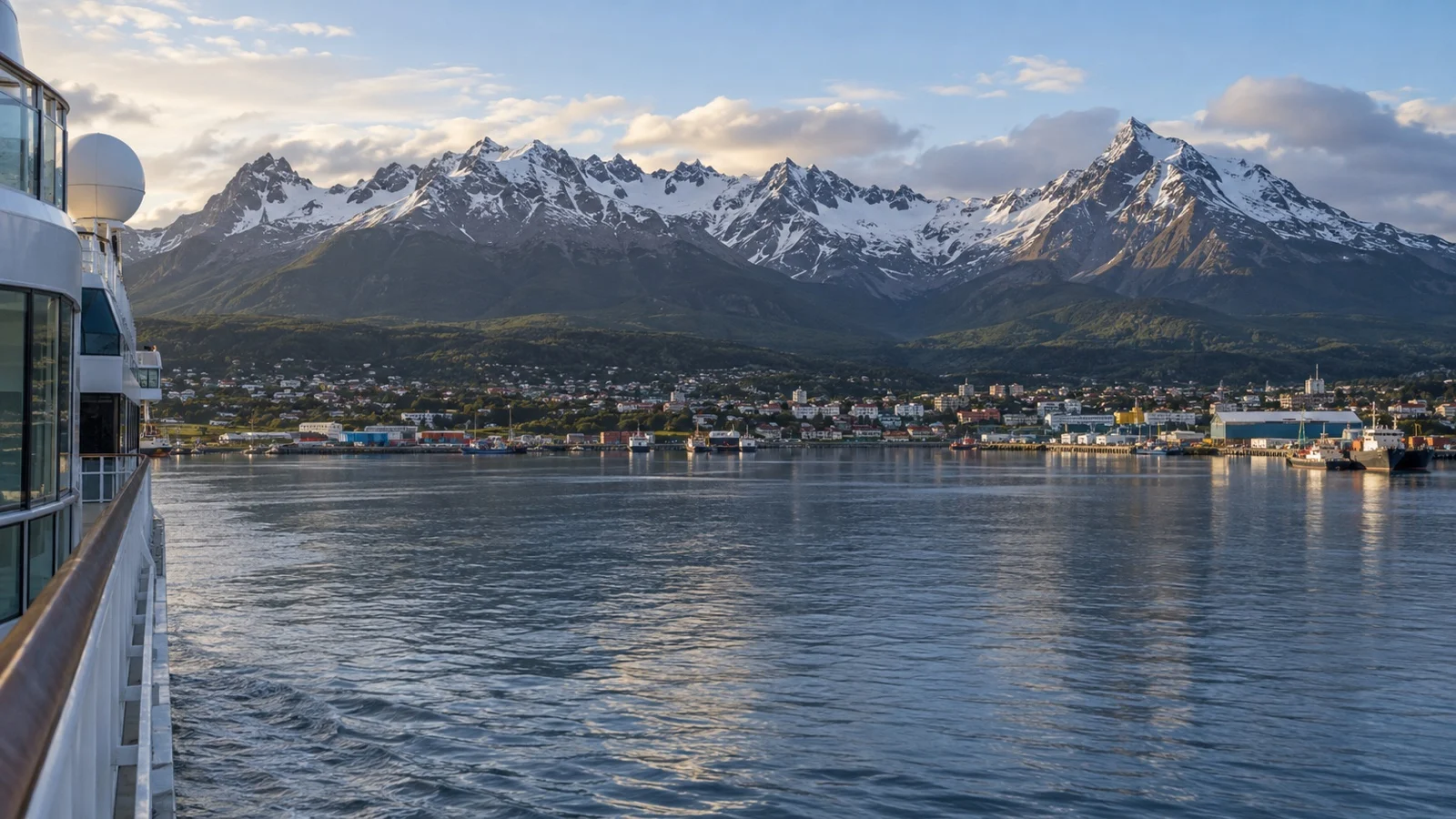 View from cruise ship approaching Ushuaia harbor beneath Martial Mountains