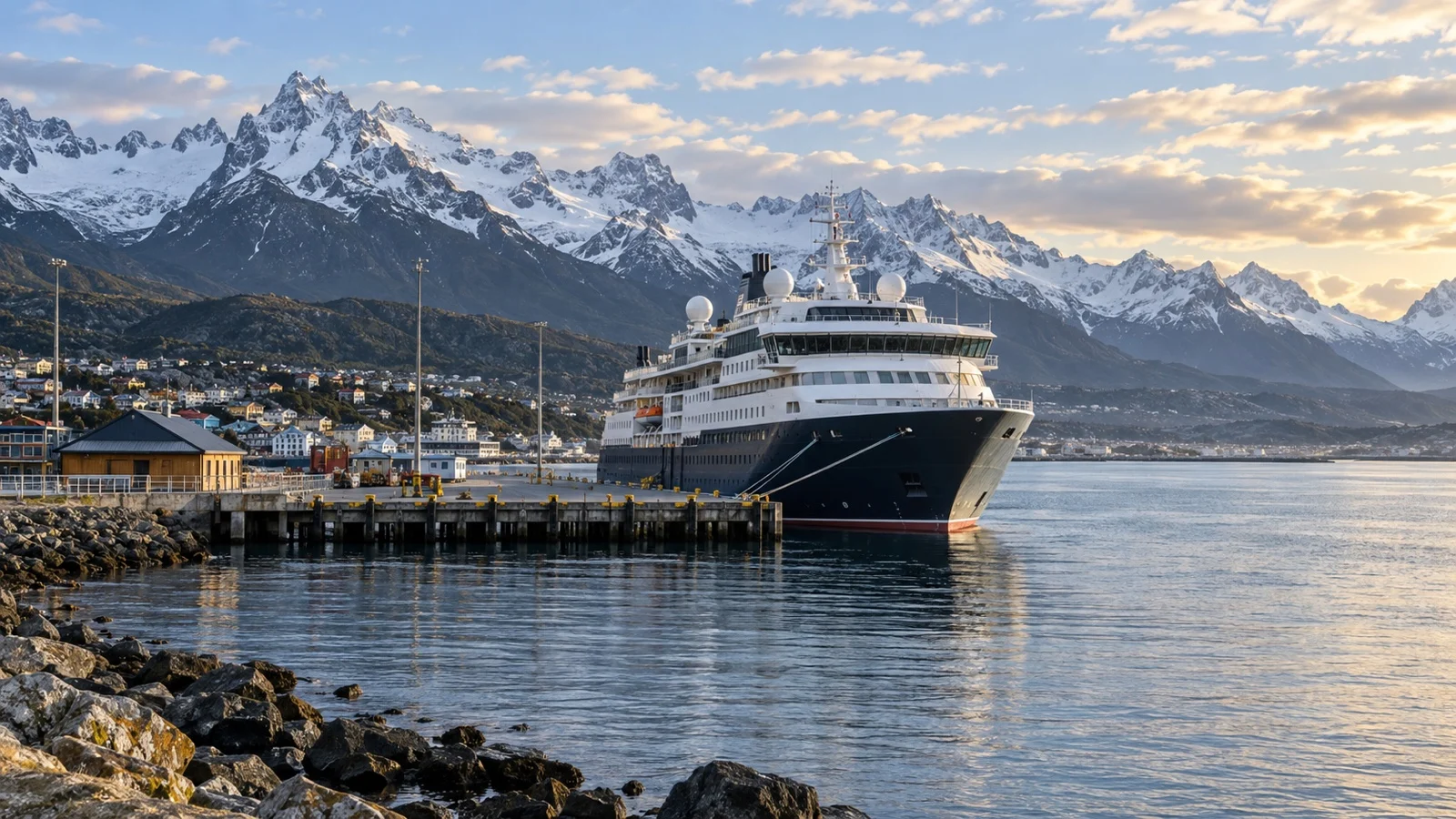 Ushuaia cruise pier with an Antarctica expedition ship docked beside Beagle Channel, snow-capped Andes mountains behind