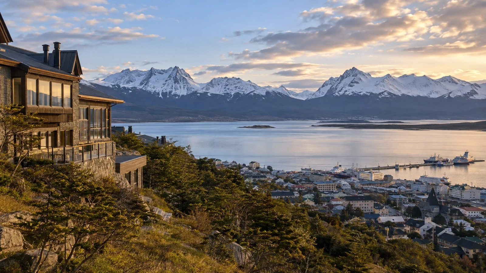 Ushuaia hillside hotel buildings above the city with sweeping views of Beagle Channel and snow-capped peaks