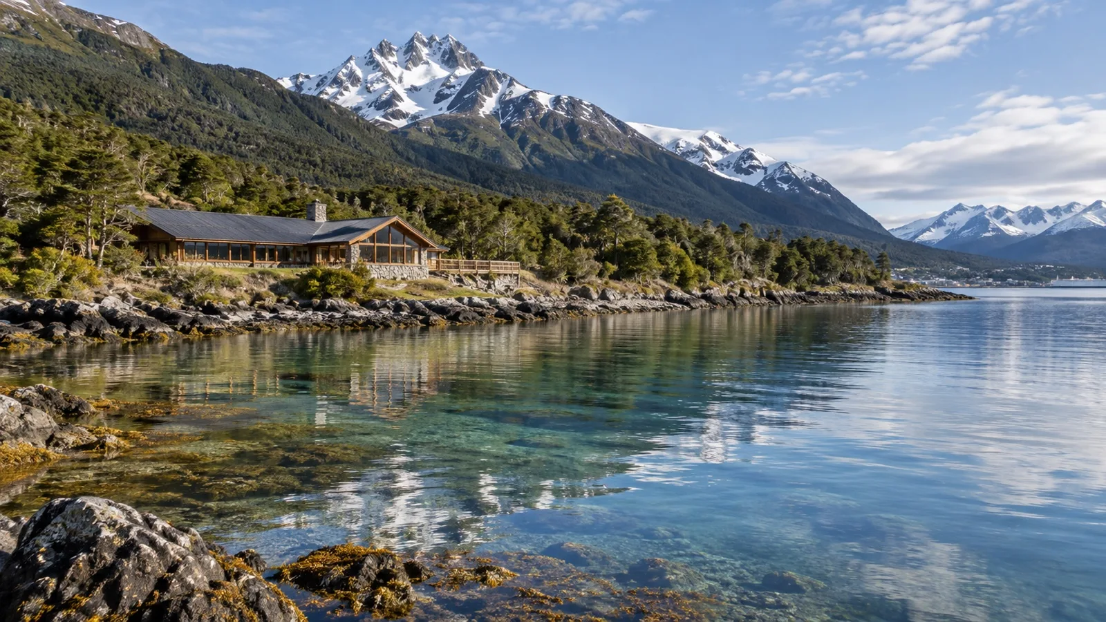 Quiet western shore of Ushuaia on Beagle Channel with low waterfront lodge, forested mountains and clear cold water