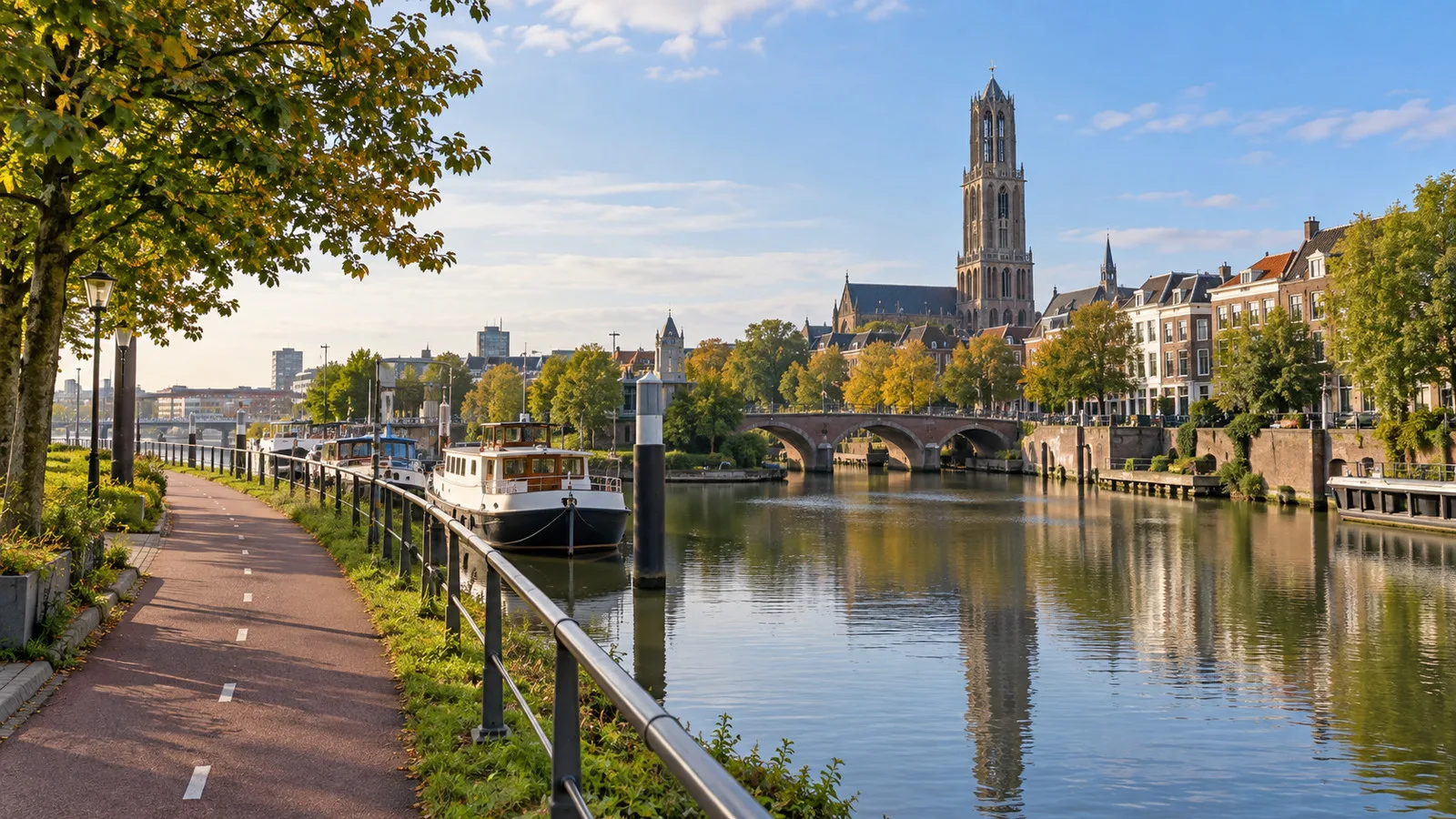 a quiet Dutch canal-side bike route leading from an outer Utrecht berth toward the old center