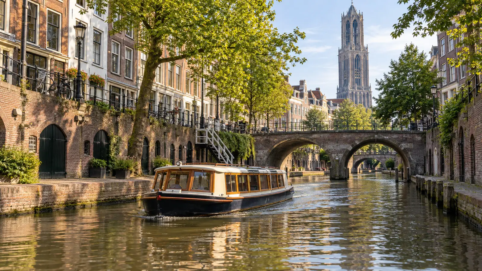 a small canal boat passing Utrecht's Oudegracht wharf cellars and arched stone bridges, no passengers visible
