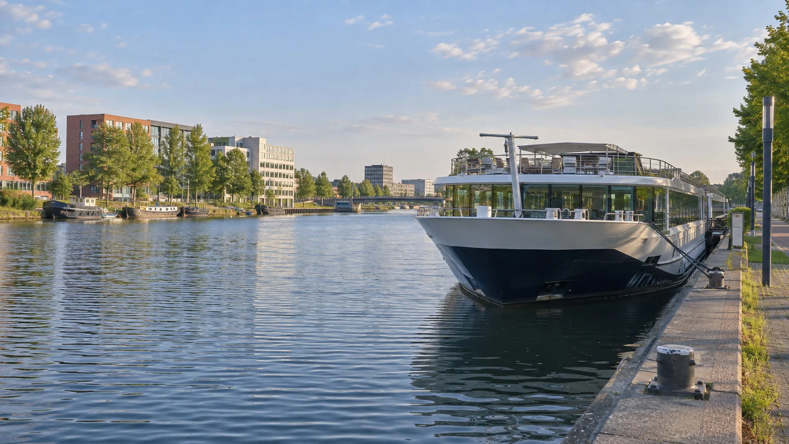 River cruise vessel at an outer Utrecht canal berth beyond the old center