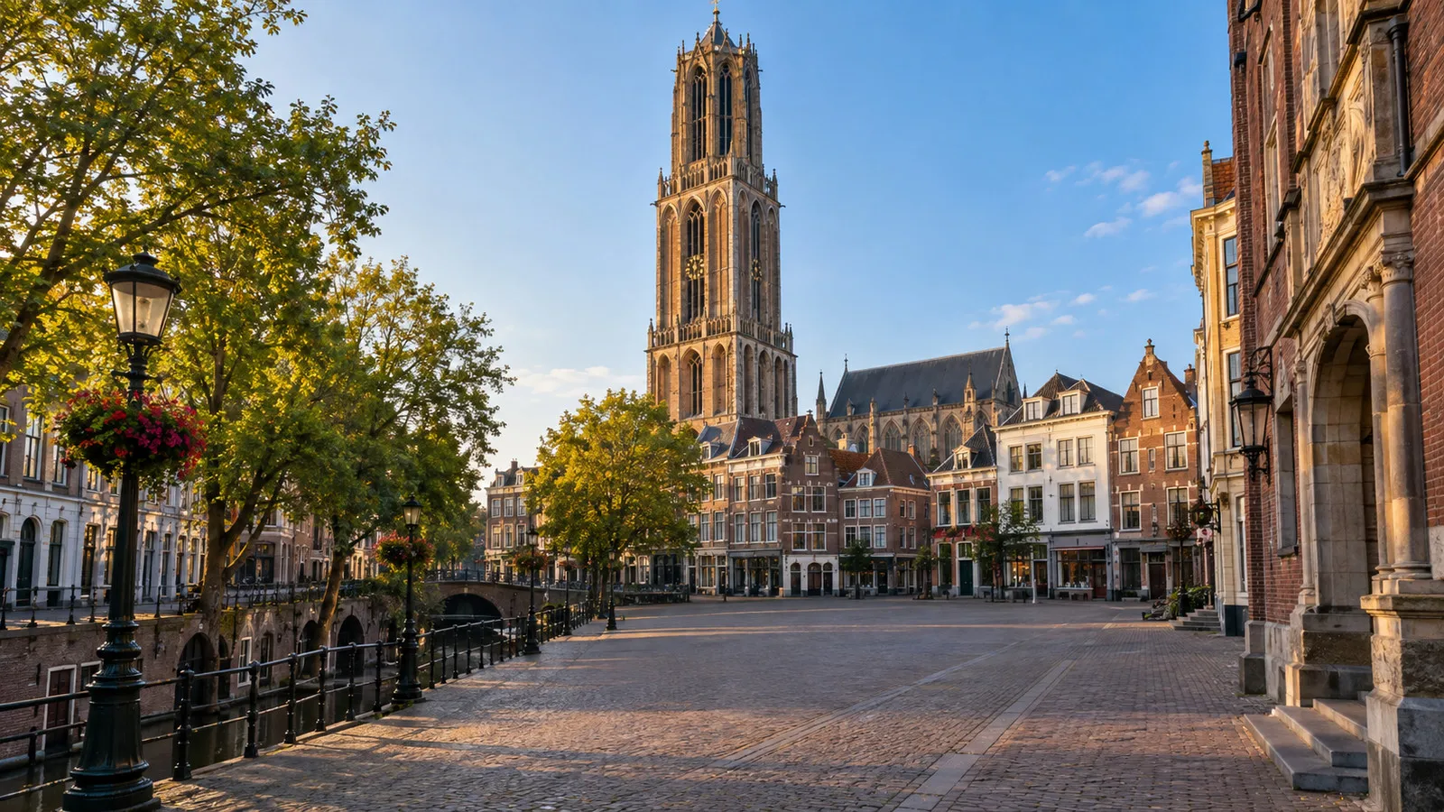 Utrecht's Dom Tower rising above an empty Dom Square and medieval brick streets