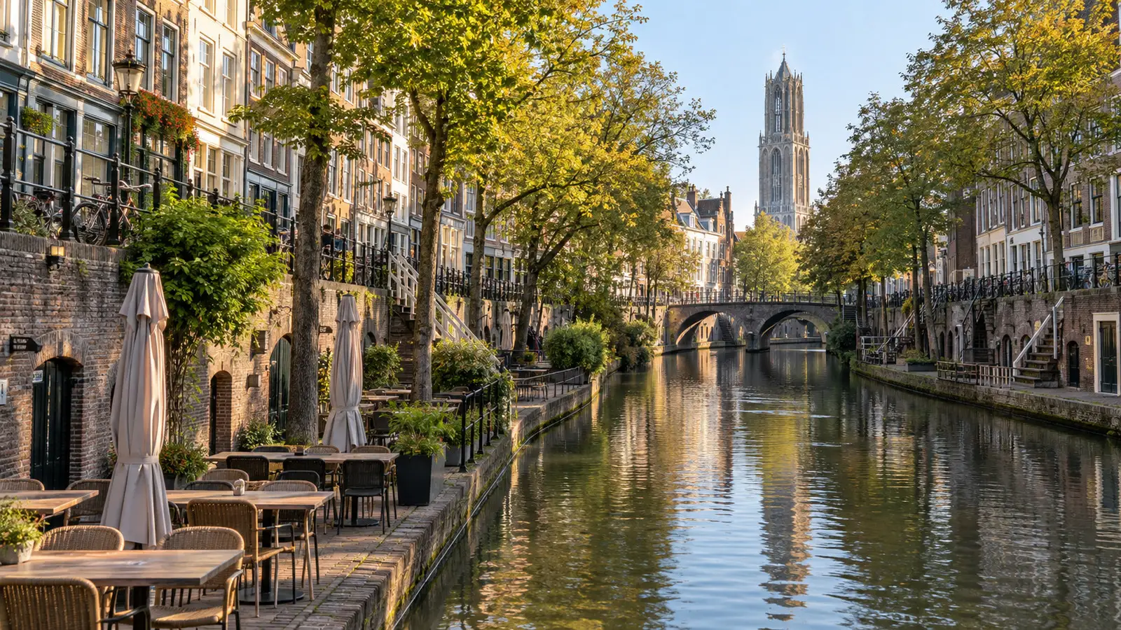 Utrecht's Oudegracht canal with its distinctive lower wharf level and empty terraces below street level